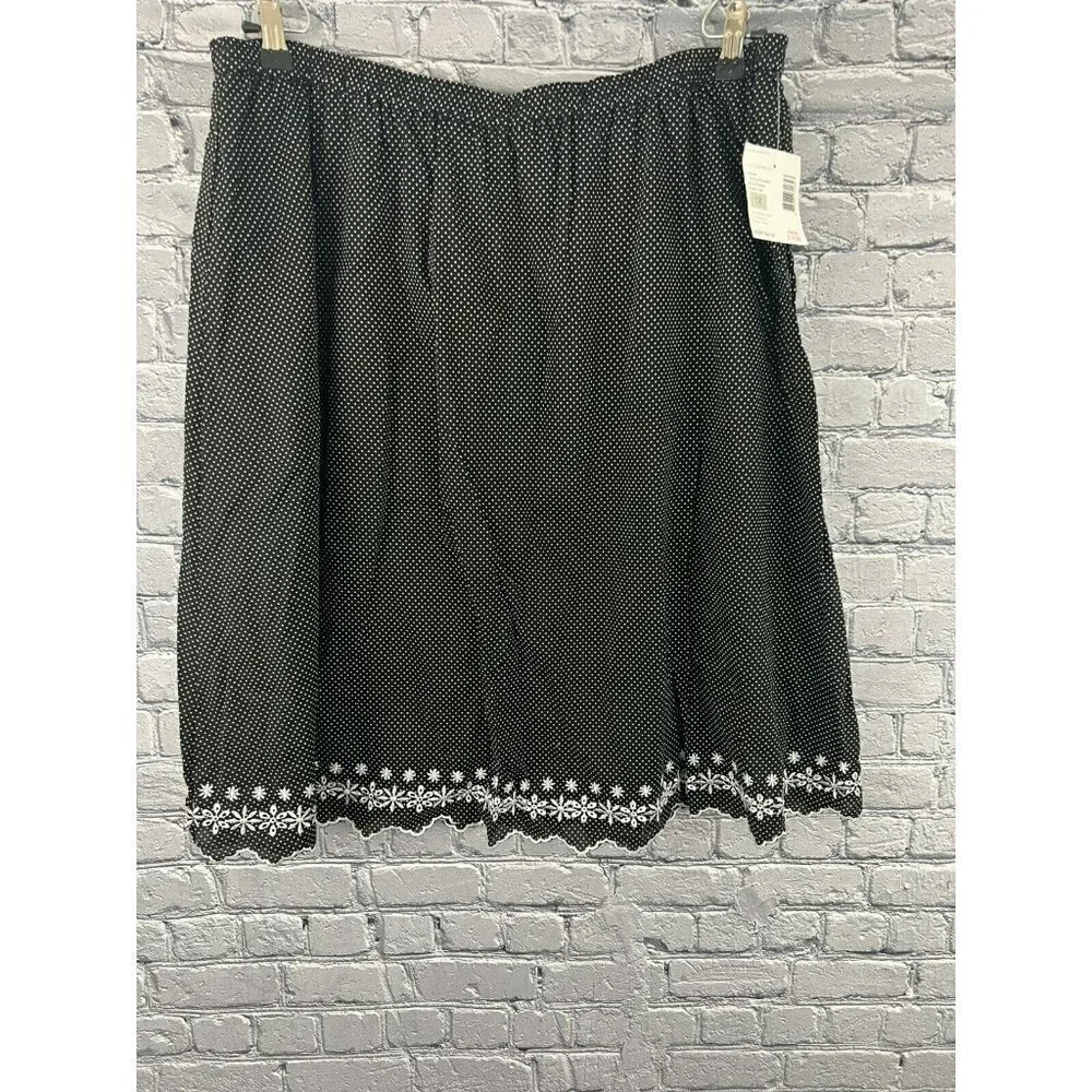 Sag Harbor Skirt  Black Polka Dot Elastic‎ Waist  Women's 2X Embroidered Hem NEW